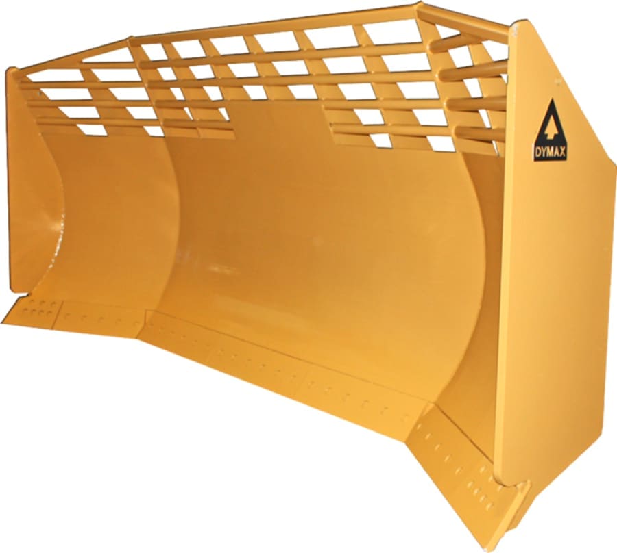 Dymax landfill U-blade showing the curved U-profile moldboard and top trash rack