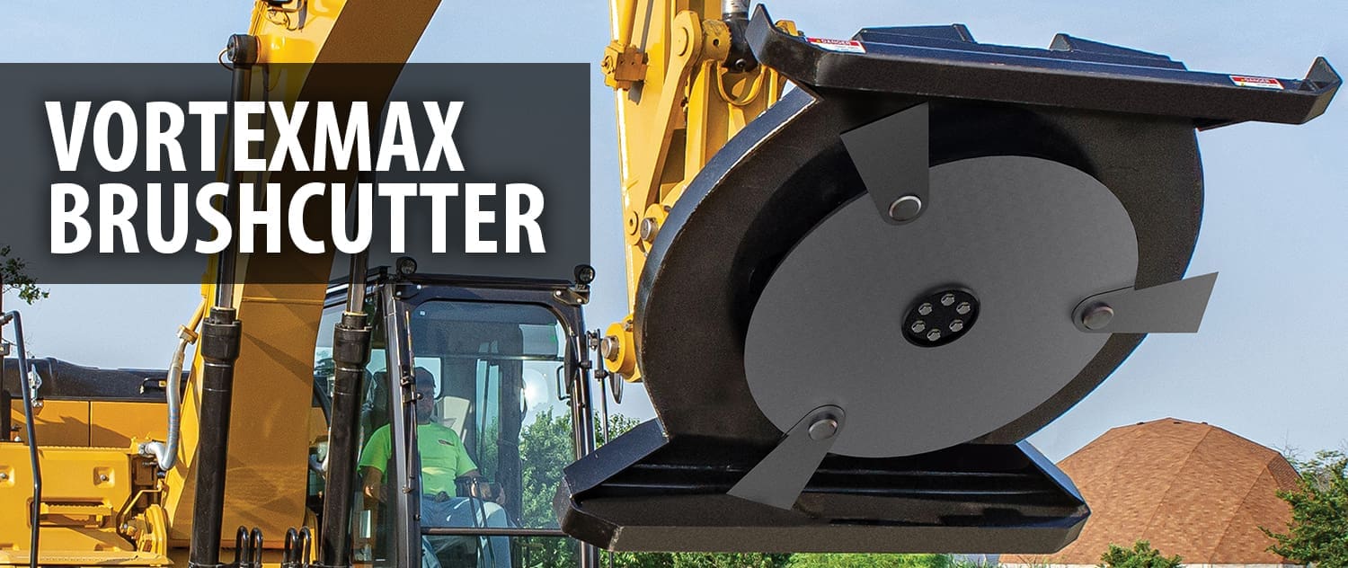 VortexMax brush cutter for excavator mounted on a yellow excavator