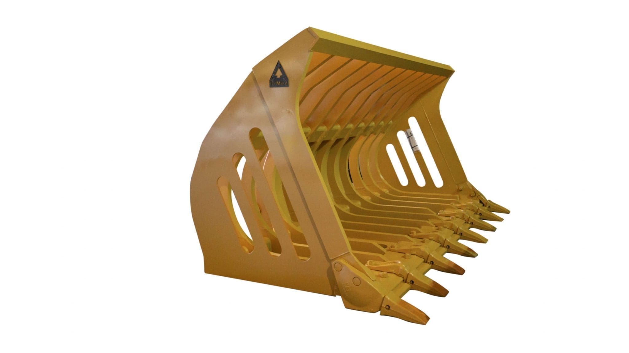 Dymax skeleton rock bucket equipped with bolt-on teeth for digging and rock screening applications