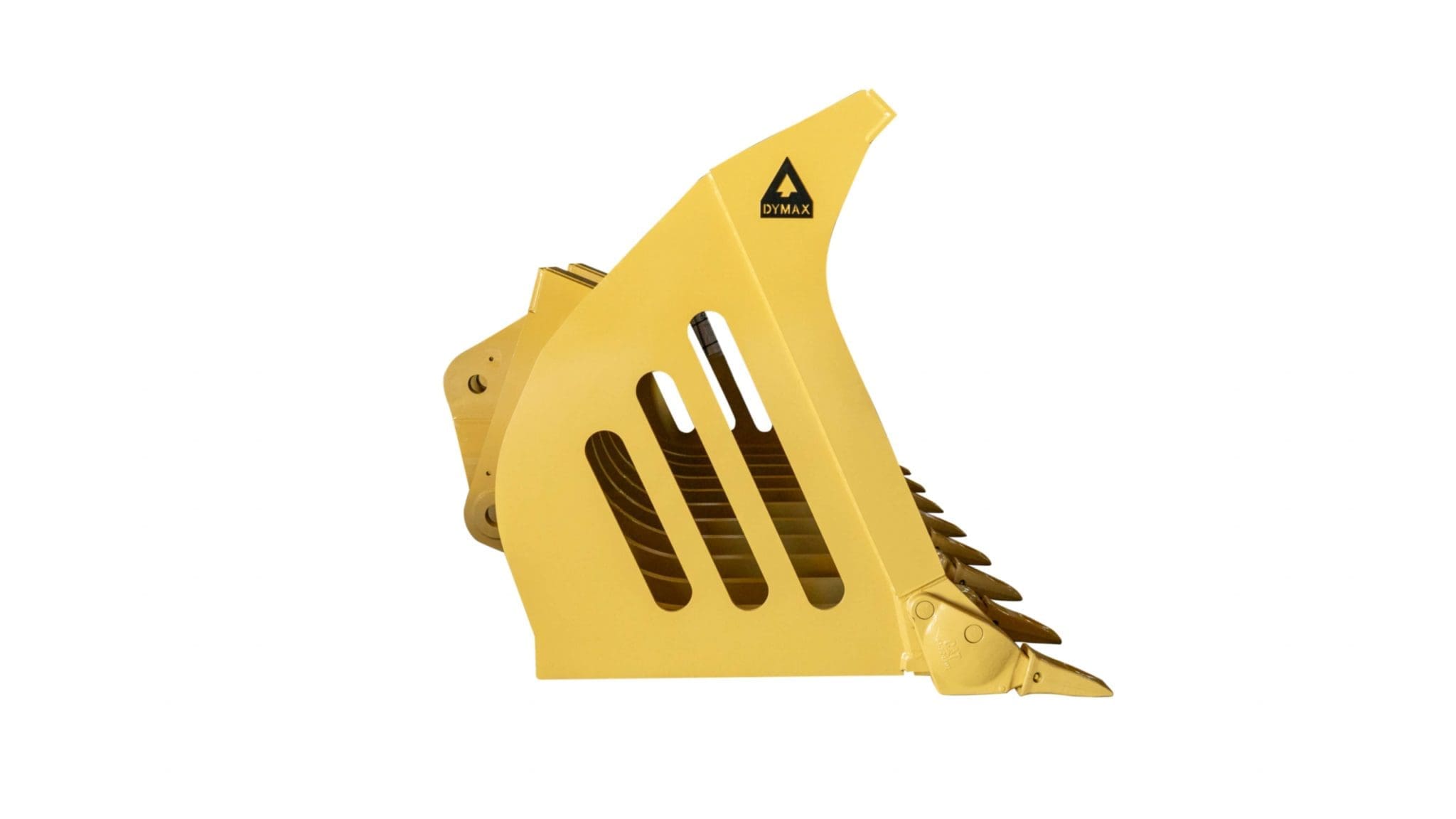 Side view of Dymax skeleton rock bucket highlighting reinforced side plates and screening rib structure