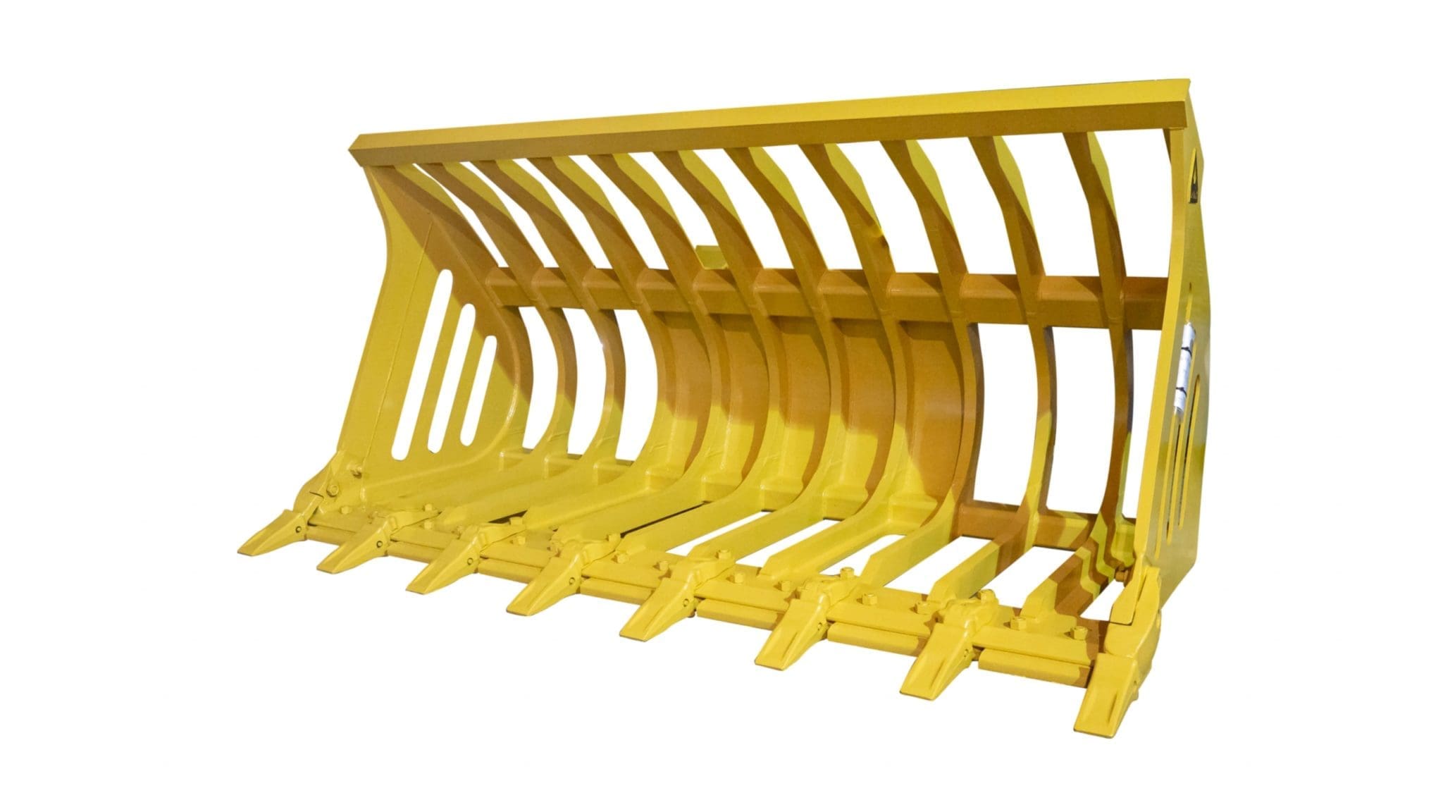 Wide Dymax skeleton rock bucket showing evenly spaced steel ribs for high-volume rock screening