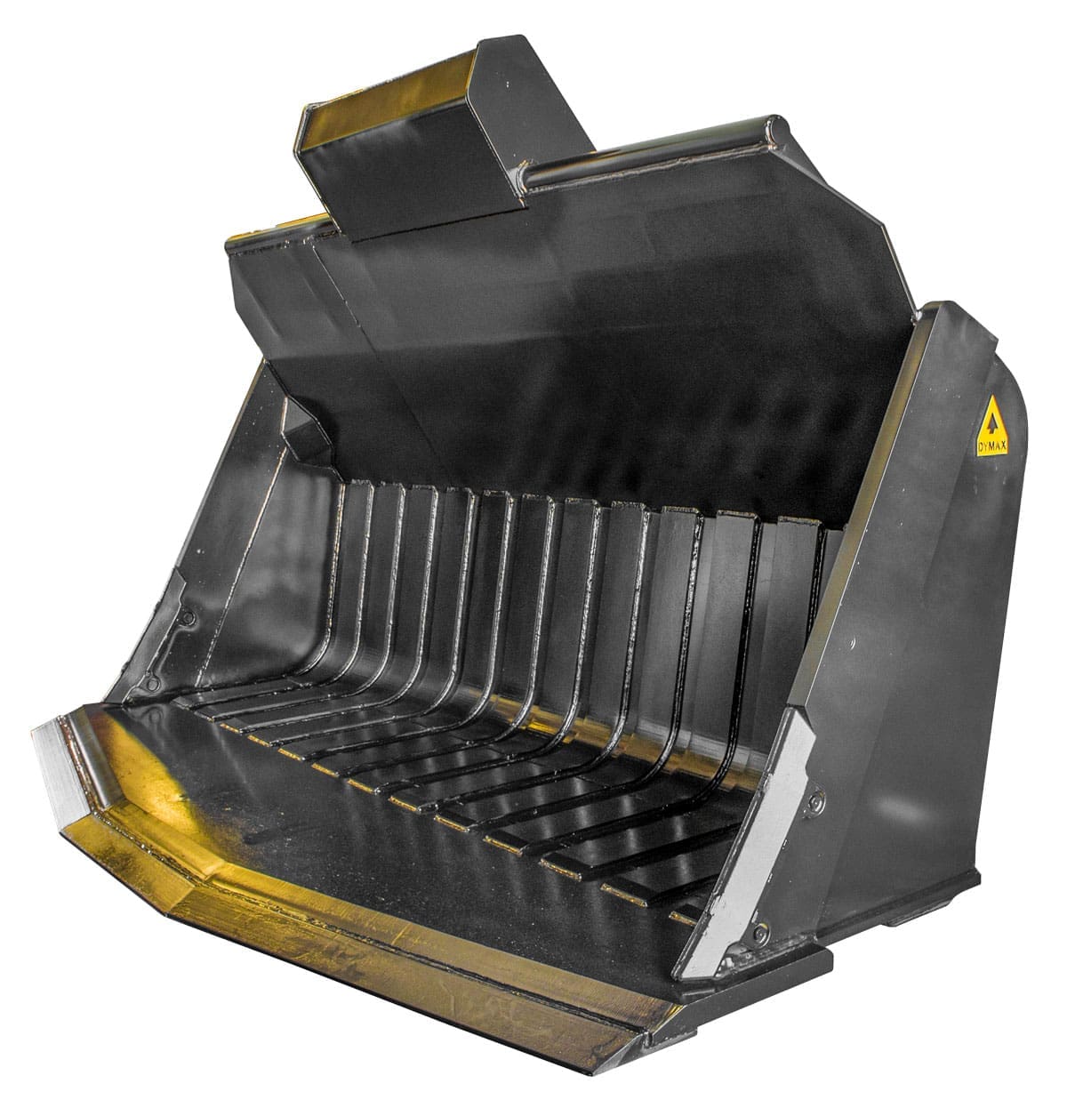 Dymax block handling quarry rock bucket designed to get under cut stone and lift marble, granite, and limestone blocks cleanly