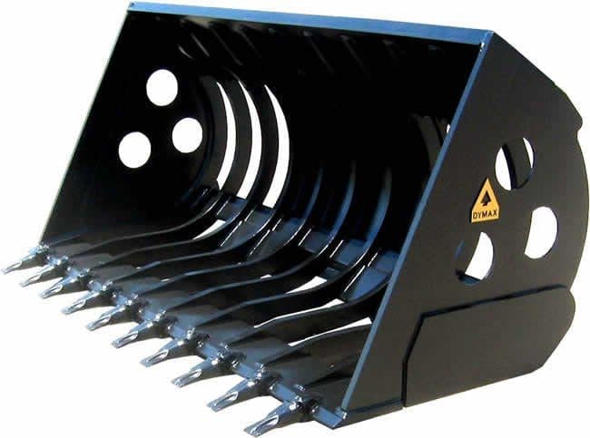 Dymax wheel loader skeleton bucket showing bolt-on teeth, curved screening ribs, and side plate sift openingsWheel loader skeleton bucket - side plate with sift openings