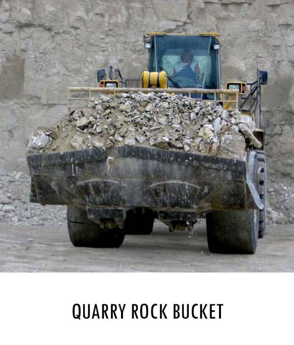 Quarry rock bucket for loading and moving rock in quarry applications