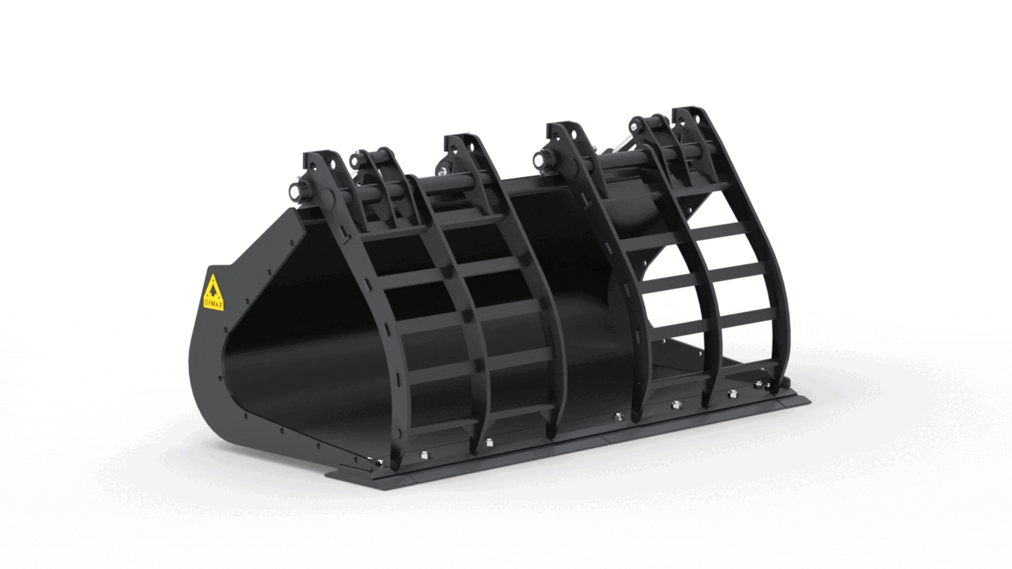 Dymax scrap grapple bucket attachment for wheel loader and backhoe applications