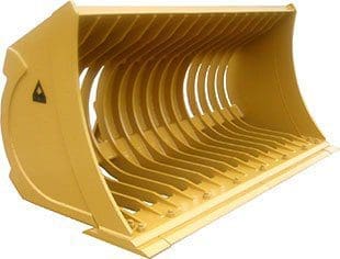 Interior view of Dymax skeleton rock bucket showing curved steel screening ribs for separating fines from rock