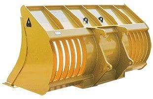 Rear view of Dymax skeleton rock bucket showing steel screening ribs and bolt-on cutting edge