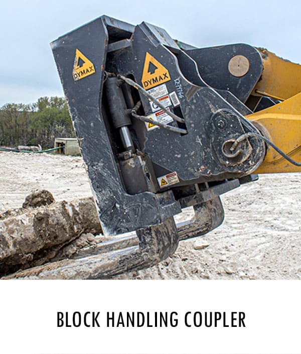 Dymax block handling coupler for wheel loader attachments