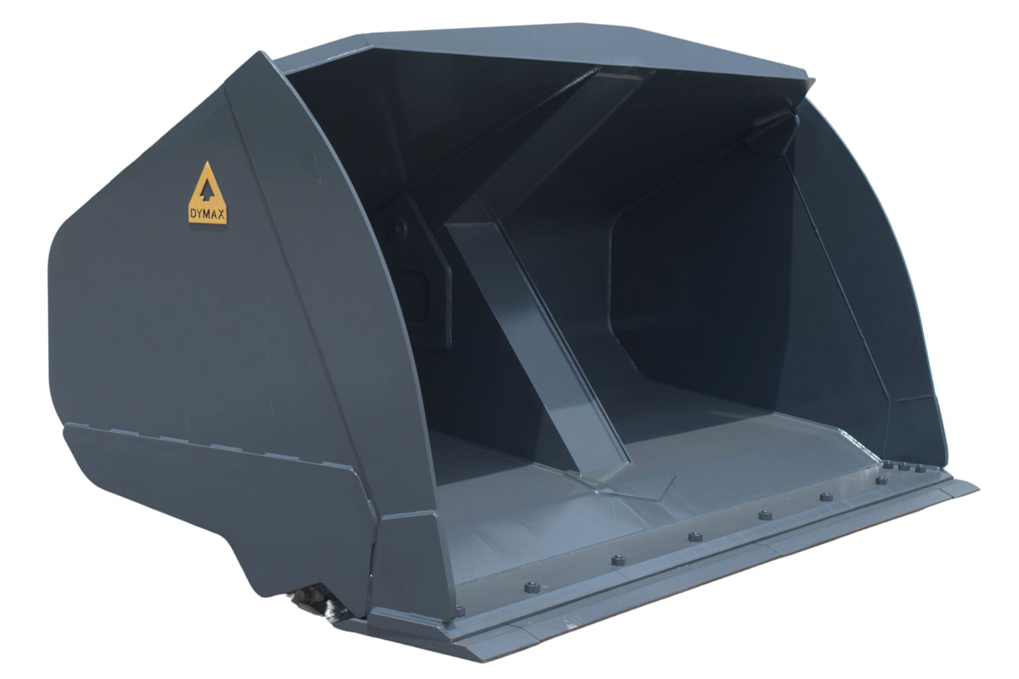Dymax roll out bucket for wheel loaders shown from the front side with cutting edge
