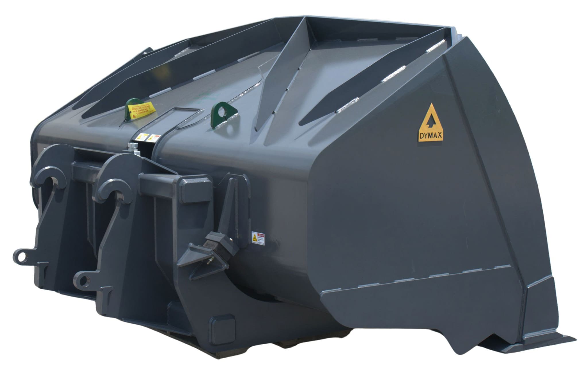 Back-side view of a Dymax roll out bucket showing linkage and mounting hardware