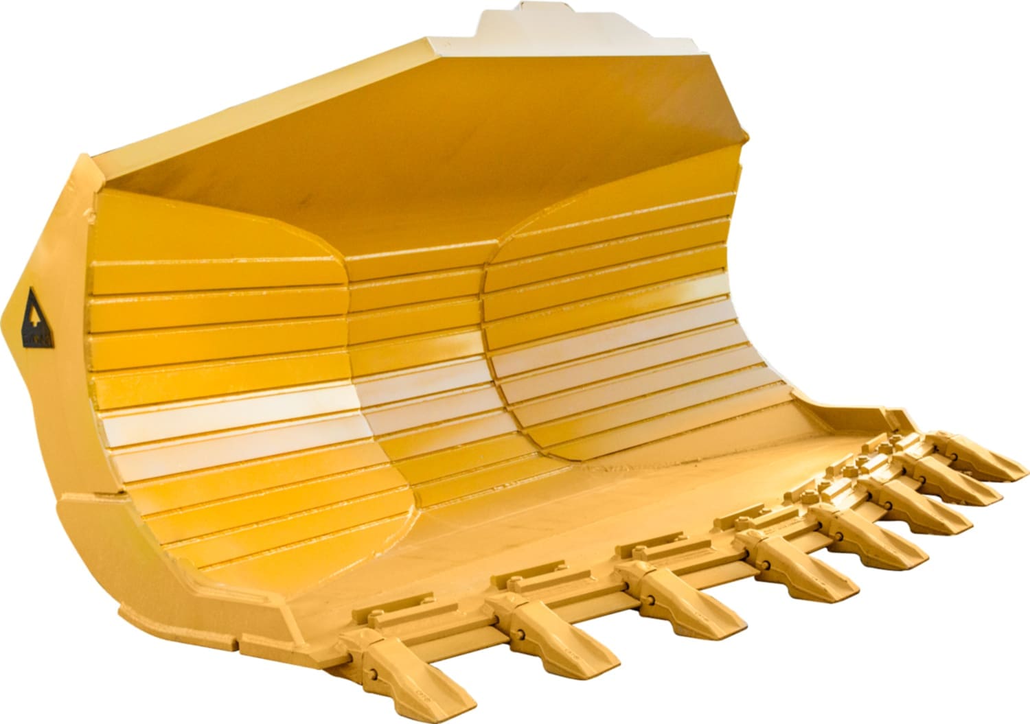 Dymax 3-way side dump bucket for Cat wheel loaders, spade-nose edge with weld-on adapters and tips
