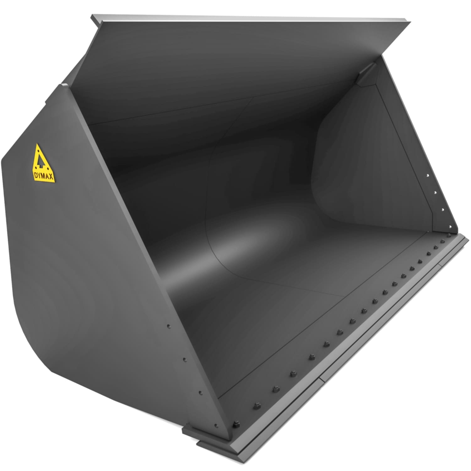 Dymax woodchip loader bucket with a solid moldboard and bolt-on cutting edge for wheel loaders