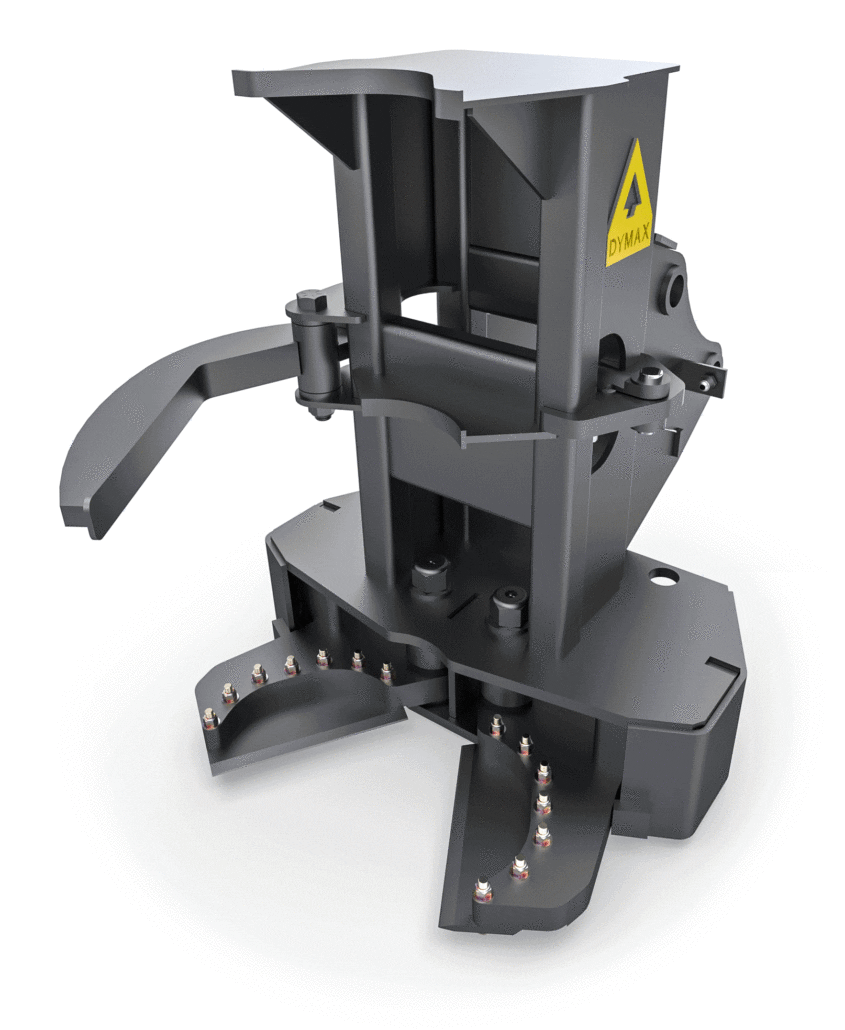 Dymax HPX8 compact excavator tree shear attachment render showing shear arms and grapple