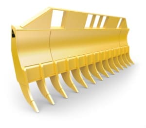Dymax rock and root rake attachment for dozers fits Cat D6–D10 and Komatsu D65–D275 track dozers.