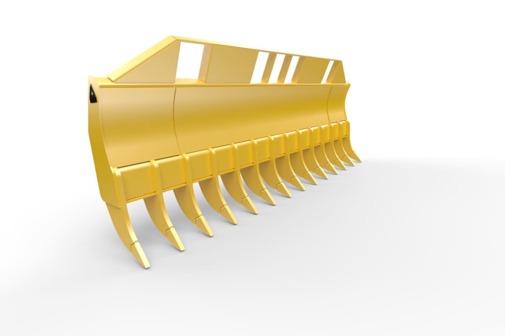 Heavy-duty rock and root rake for track dozers—built for clearing rocks, roots, vegetation, and demolition debris.