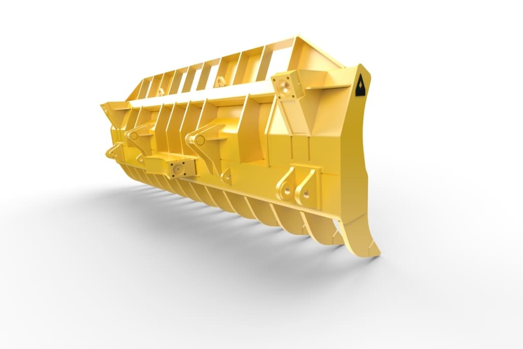 Rear angle view of Dymax rock and root rake attachment for track dozers, showing reinforced frame and mount structure.