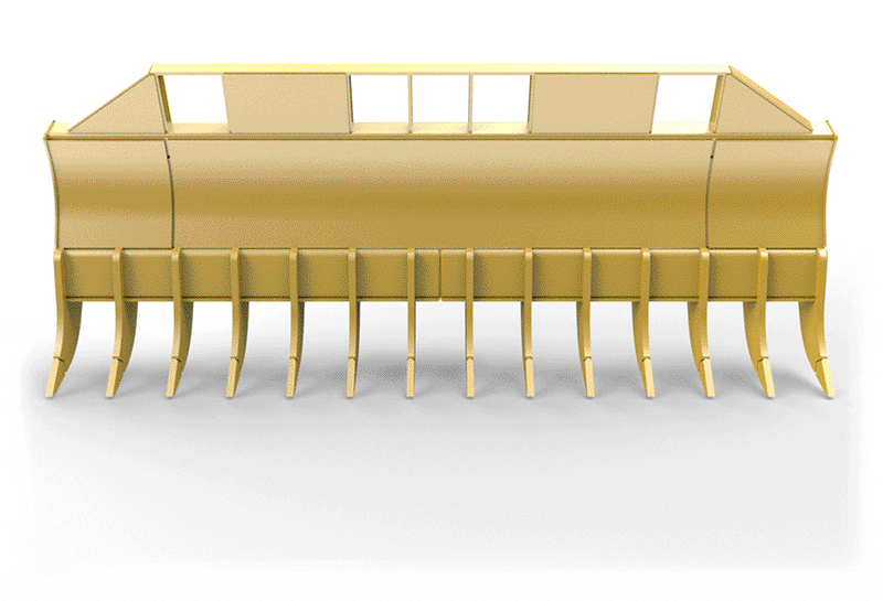 Front view of Dymax rock and root rake for dozers with heavy-duty tines for clearing roots, rocks, and demolition debris.