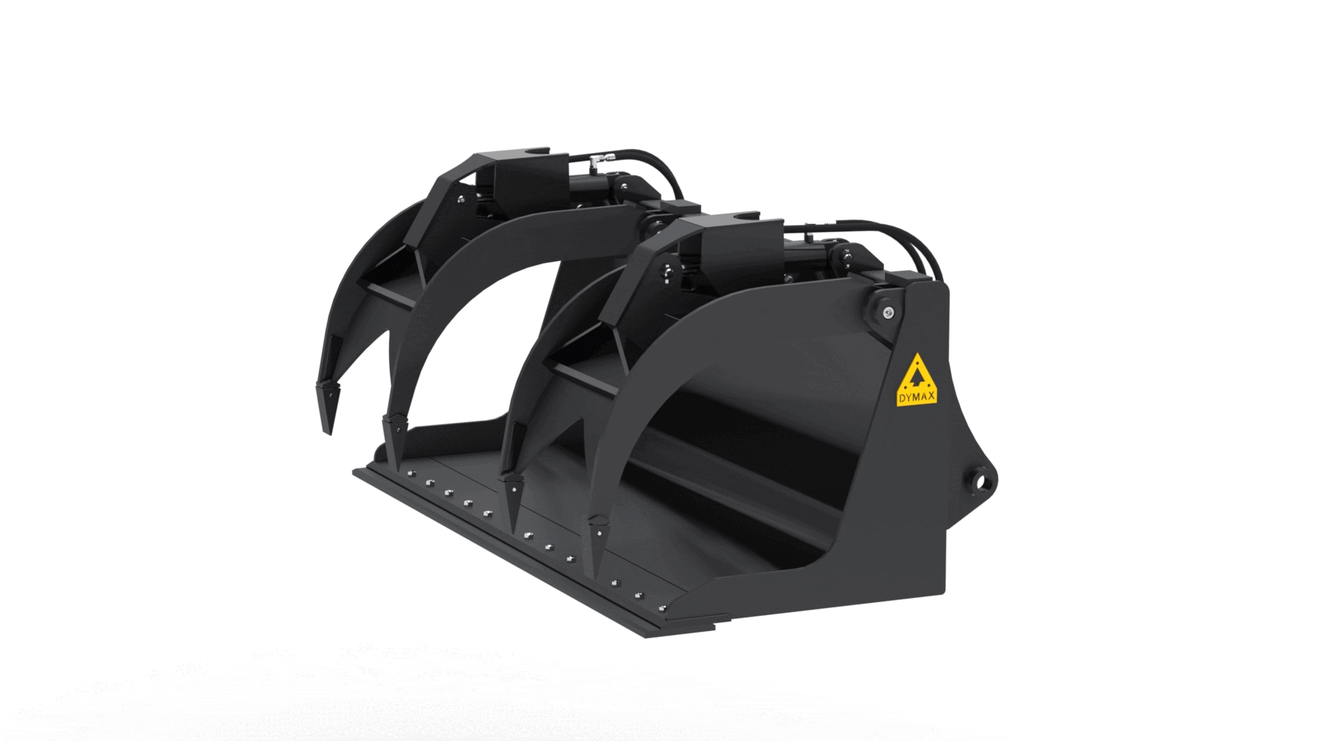 Rotating image showing front, side and back view of Dymax Grizzly Grapple Bucket
