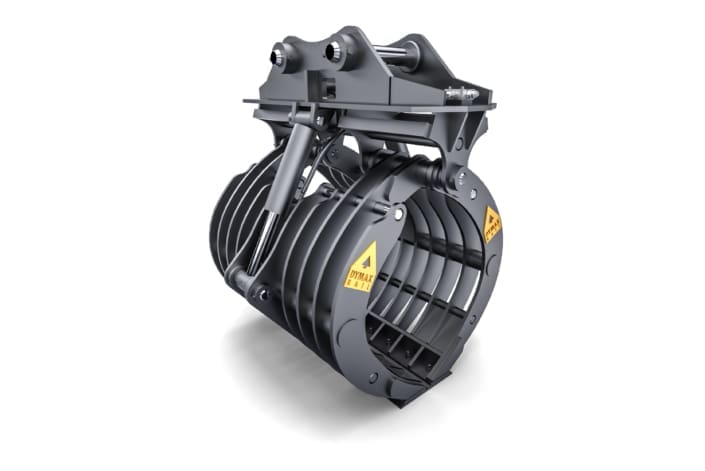 Dymax Basket Tine Grapple for demolition cleanup, angled front view