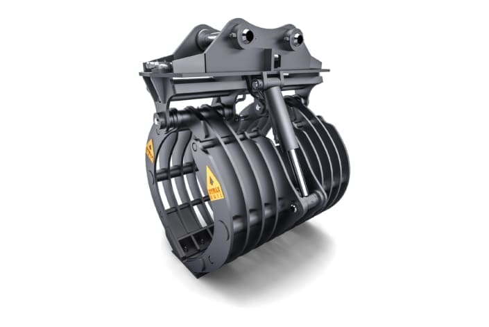 Dymax skeleton tine grapple for excavators, three-quarter view