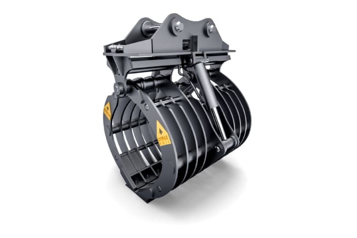 Dymax Basket Tine Grapple for site cleanup, right three-quarter view