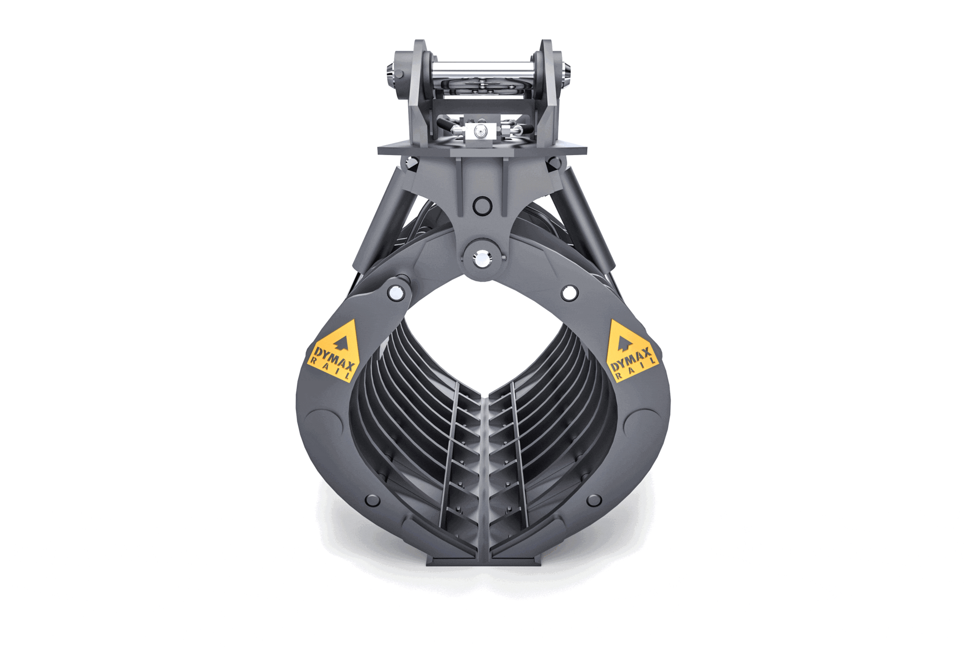 Dymax Basket Tine Grapple for debris sorting and demolition cleanup, rotating view of the skeleton tine baskets