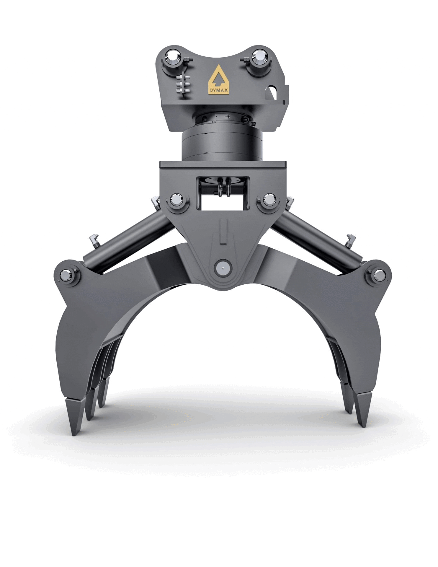 Dymax-Trash-Grapple-Excavator-Attachment.gif Rotating image that shows the Dymax Trash Grapple Excavator Attachment from every angle.