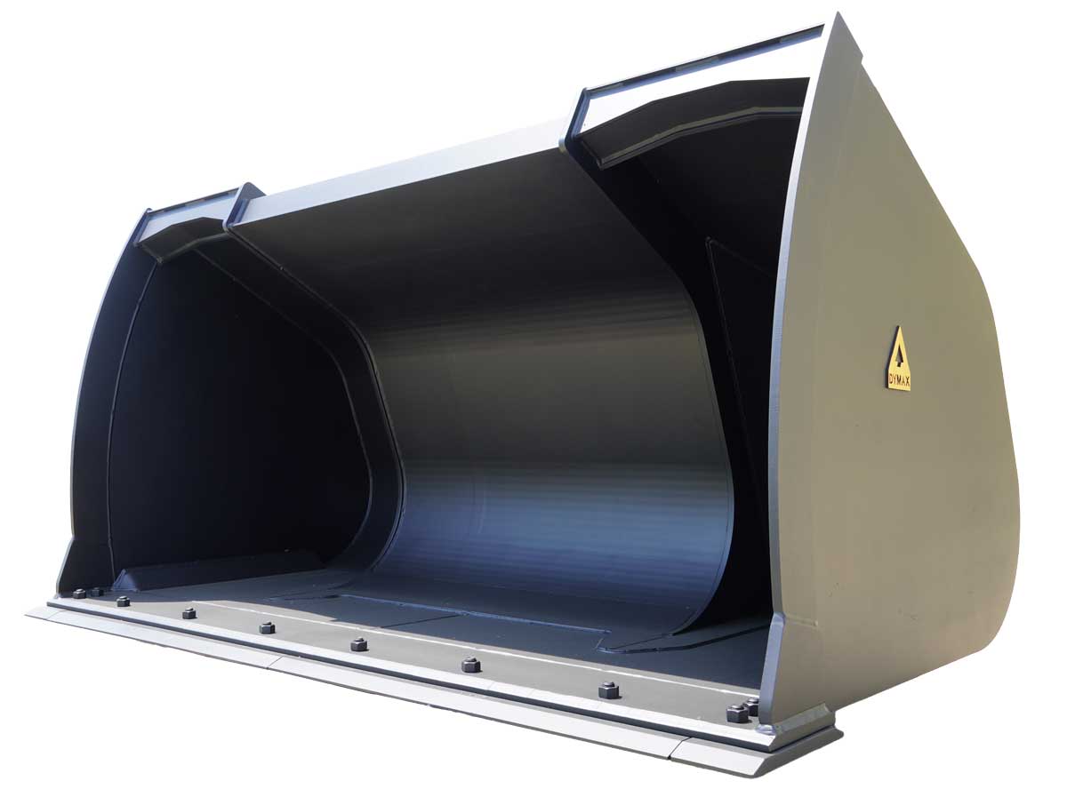 Dymax Bonus Bucket for wheel loaders, front three-quarter view