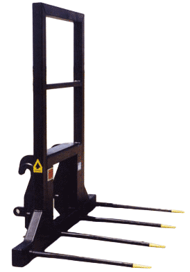 Big bale handler for large rectangular hay bales Dymax big bale handler attachment for wheel loaders for lifting and transporting large rectangular hay bales