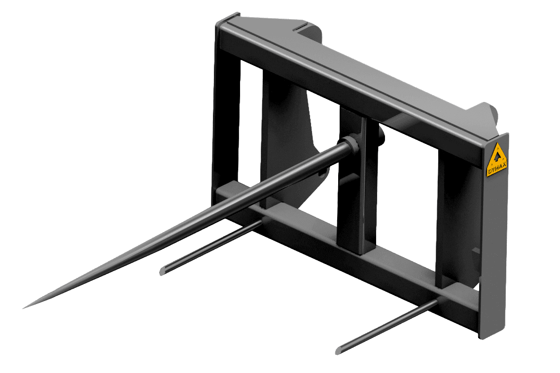 Single hay bale spear for wheel loader Dymax single hay bale spear attachment for wheel loaders, designed for handling large round hay bales