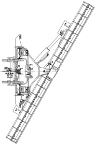 Diagram showing a folding V-plow in angled and scoop configurations for windrowing and snow containment.