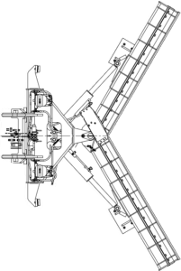 Diagram showing a folding V-plow in forward V configuration for pushing snow outward and reducing spillback.