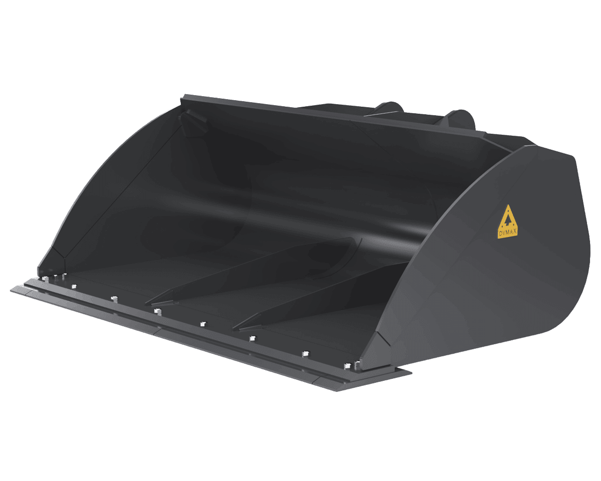 Dymax Fertilizer Bucket – Rear Three-Quarter with Wear Pads Dymax Fertilizer Bucket, rear three-quarter view showing rear wear pads and hinge area