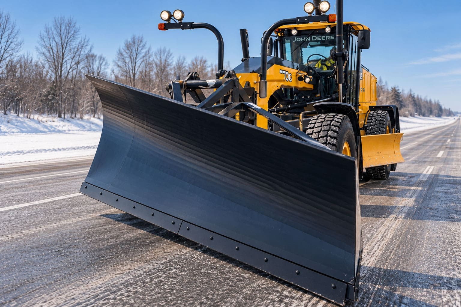 One-Way Motor Grader Snow Plow Clearing Highway Dymax one-way snow plow on a motor grader clearing a snow-covered highway