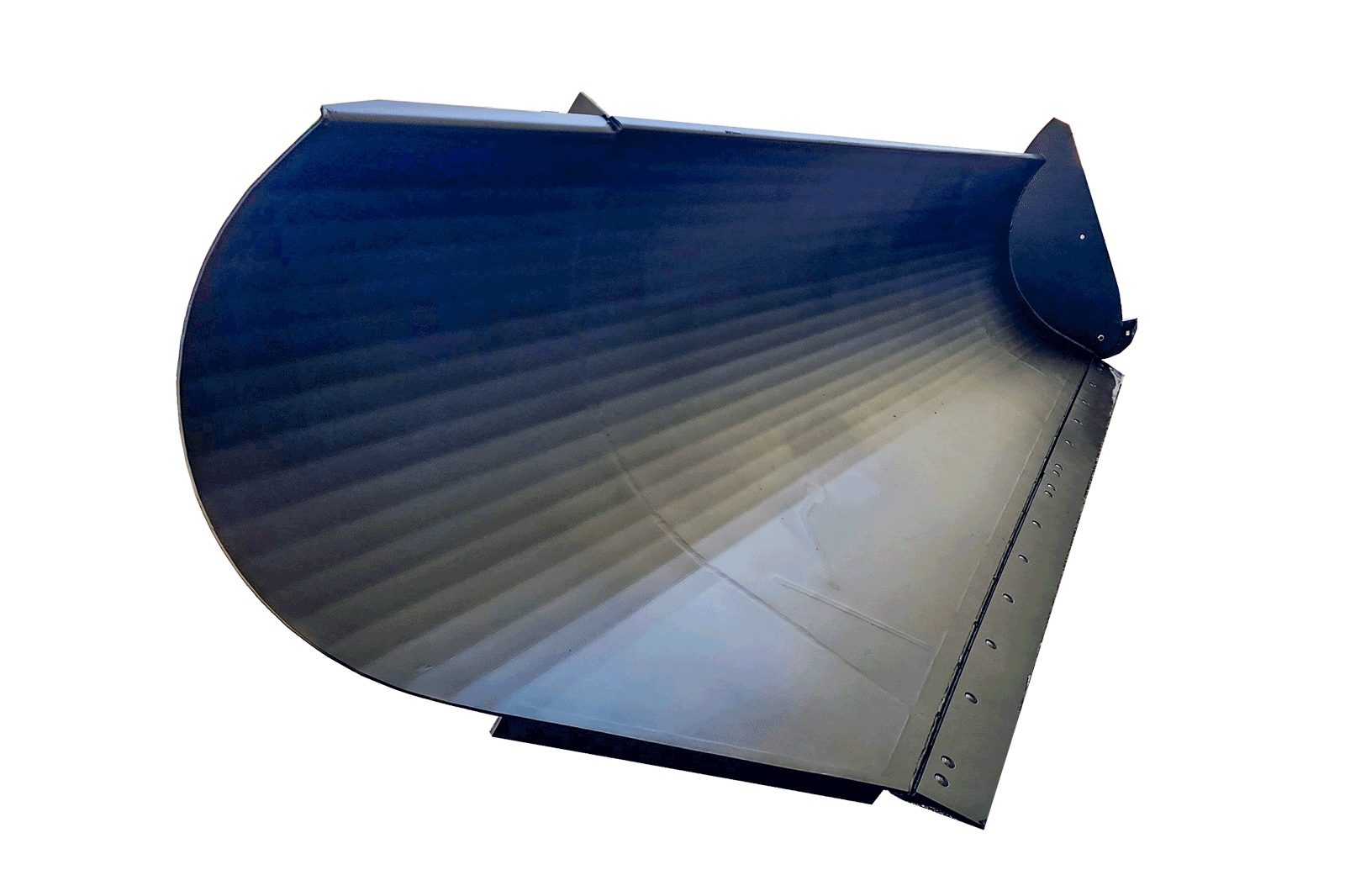One-Way Snow Plow Conical Moldboard Conical moldboard on the Dymax one-way motor grader snow plow, rising to a 61-inch discharge end that casts snow to one side
